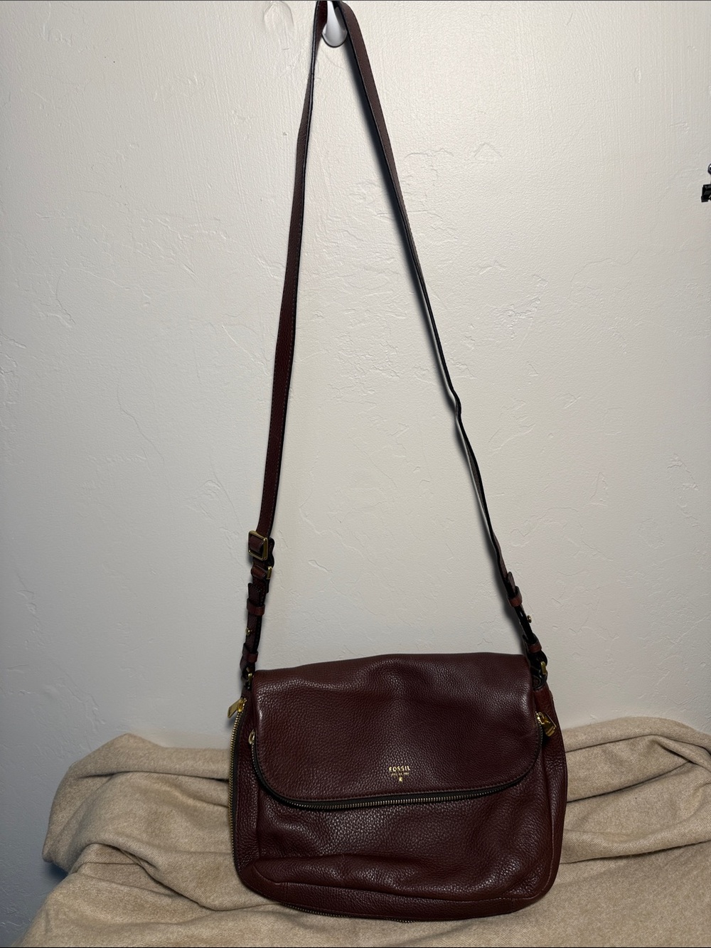 Fossil Pebbled Leather Crossbody in Burgundy with Gold Hardware